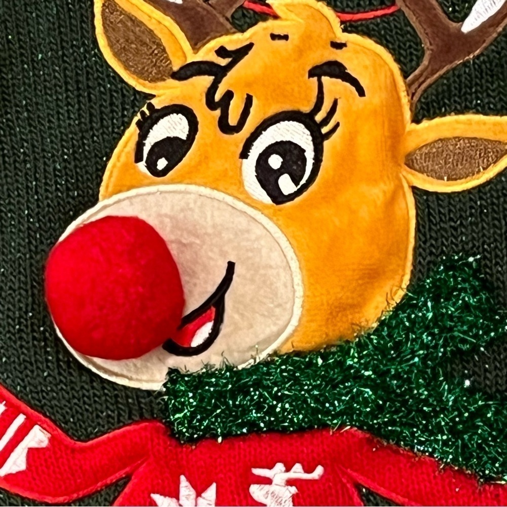 Green Christmas Sweater Women's Size M Rudolph Reindeer Red Nose Poms Snowflakes - Picture 5 of 13